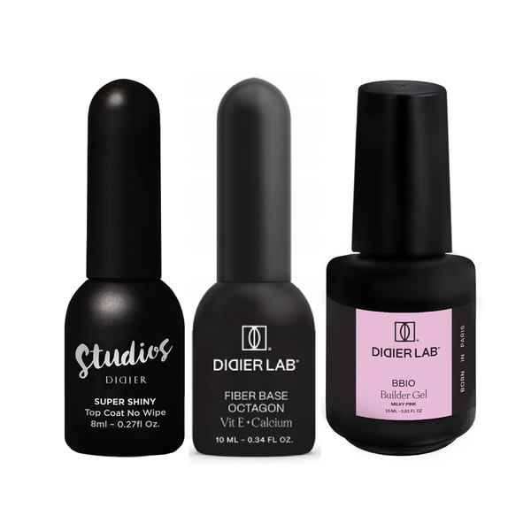 Zestaw bestsellerów BBIO Żel budujący w butelce + Top Coat No Wipe Super Shiny HEMA TPO Free + Fiber Base Octagon