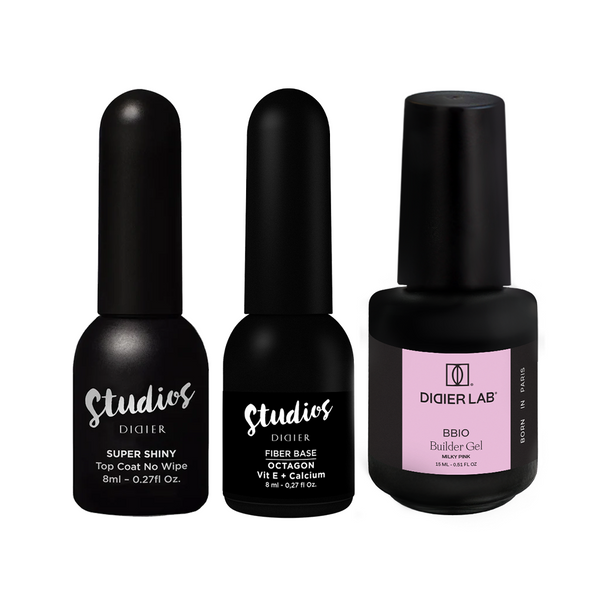 Zestaw bestsellerów BBIO Żel budujący w butelce + Top Coat No Wipe Super Shiny HEMA TPO Free + Fiber Base Octagon